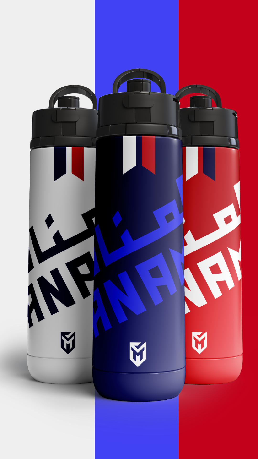 Manama Club identity applied to branded sports bottles